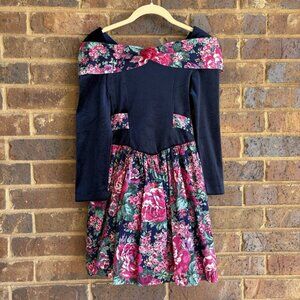 Vintage 1980s Swat Girls Navy Velvet Rose Print Long Sleeve Knee Length Dress
